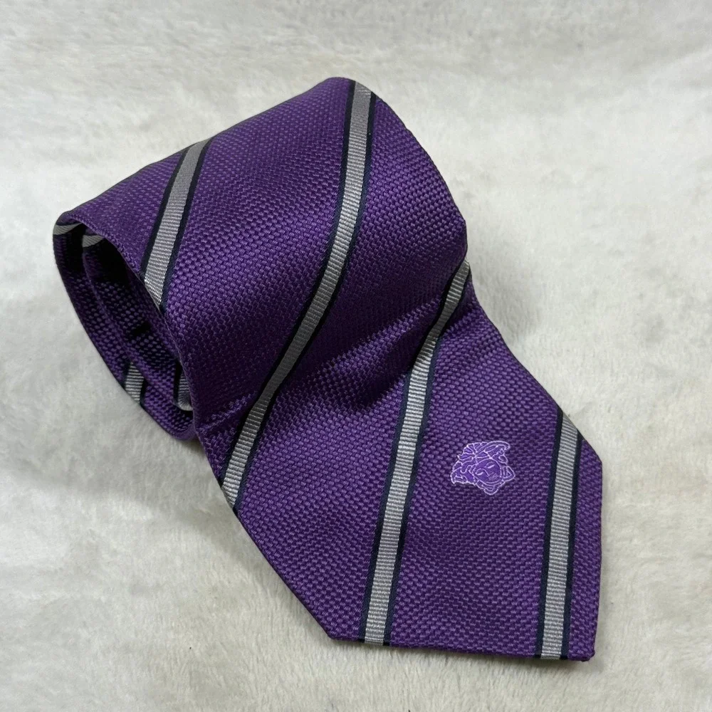 Versace Mens Purple Silk Necktie Silver Striped Medusa Head Logo Made in Italy